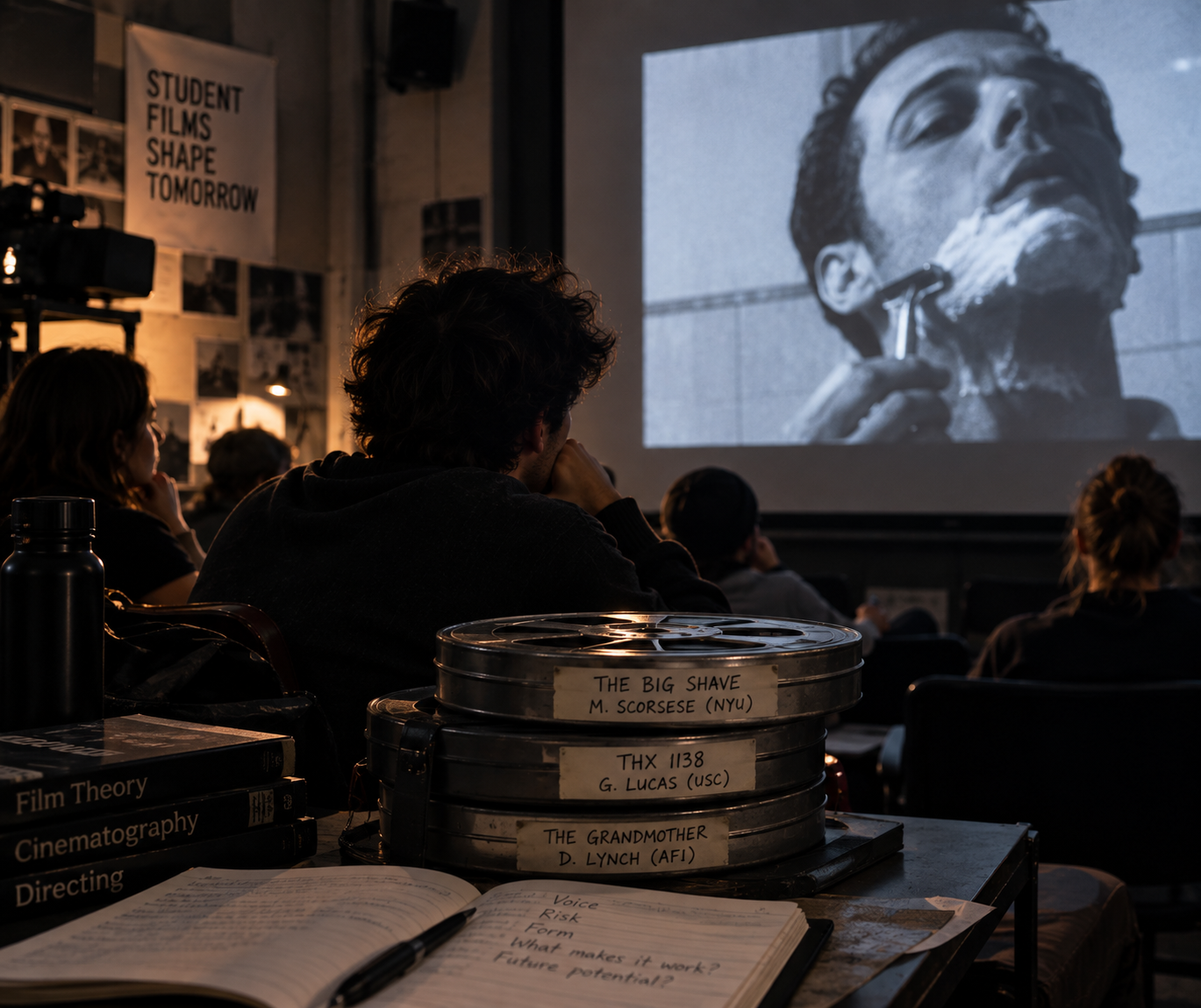 Film students watching landmark student films in a screening room with archival film reels and filmmaking notes.